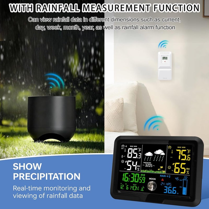 YZDTECH Digital Wireless Rain Gauge Outdoor, Home Weather Station Wireless Indoor Outdoor with Self-Emptying Rain Gauge, Thermometer, Barometer, Hygrometer, Atomic Clock, Weather Forecast and Alerts - Image 2